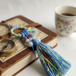 Close-up of hand-knotted cord and smooth round beads