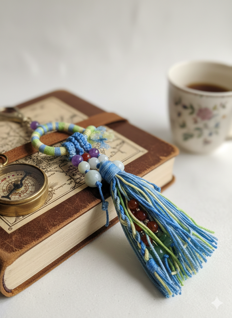 Close-up of hand-knotted cord and smooth round beads