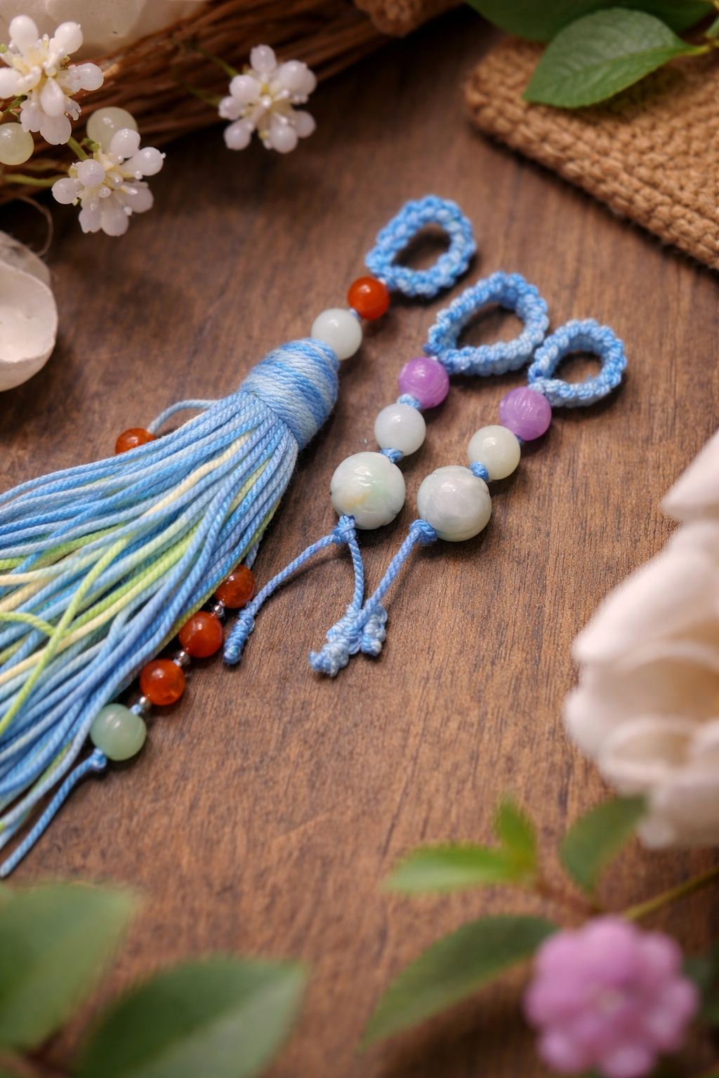 Cotton fiber tassel with mixed blue and green tones, handmade texture