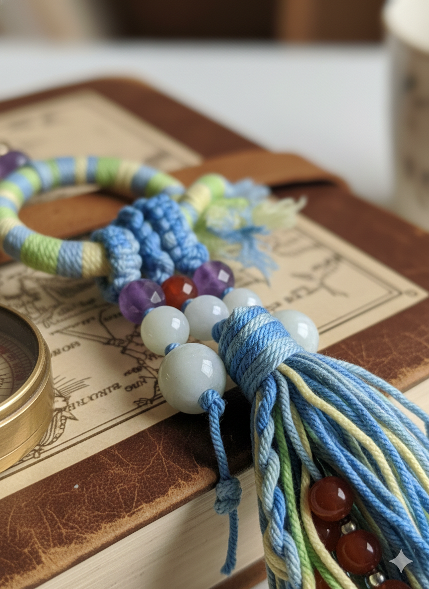 Handmade knotted pendant with beads and blue green cotton tassel