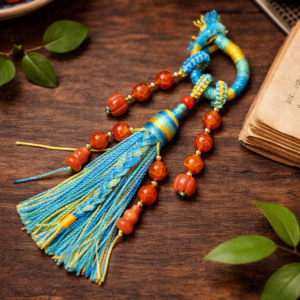 handwoven tassel pendant made with jade cord and colorful natural beads on dark background