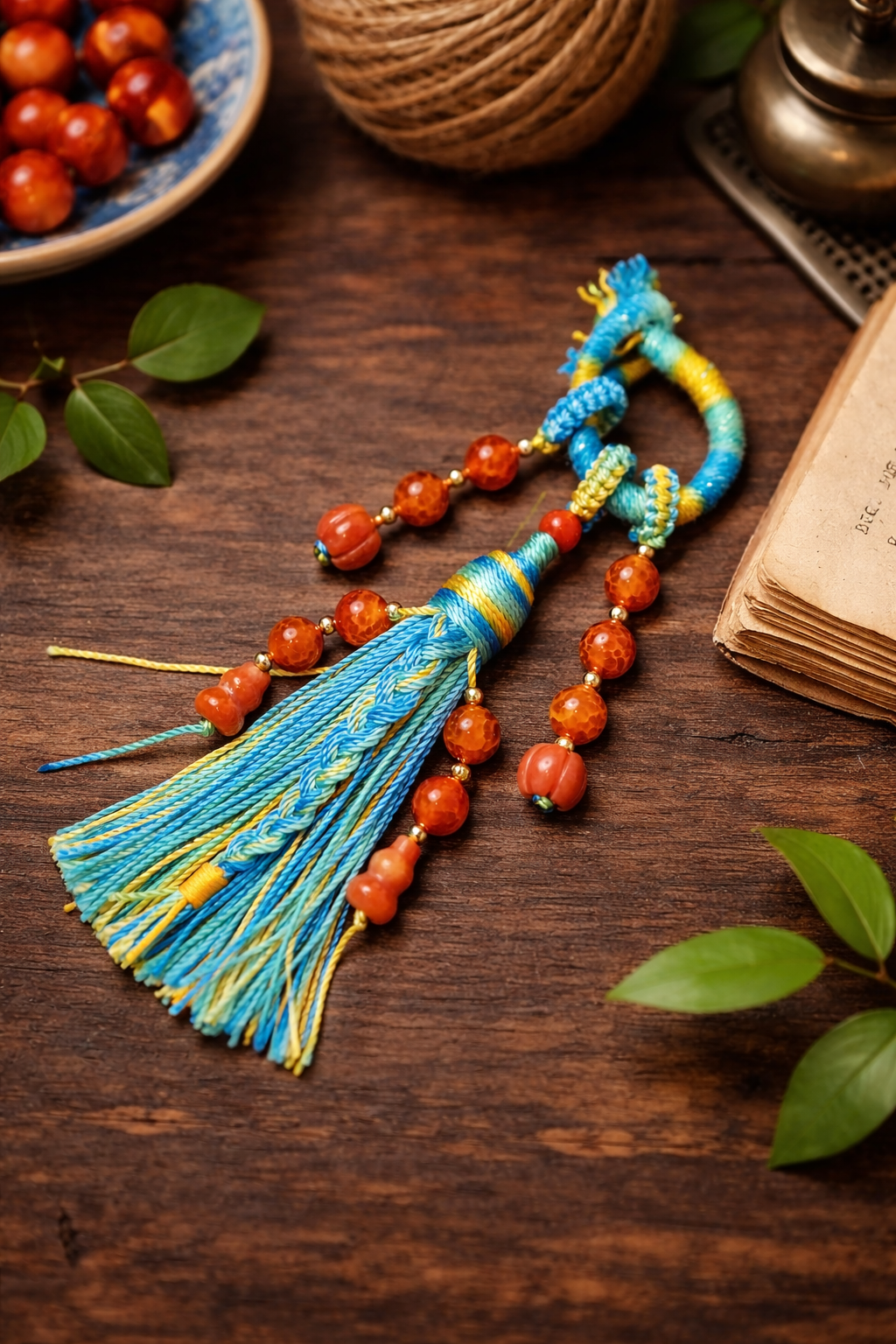 handwoven tassel pendant made with jade cord and colorful natural beads on dark background