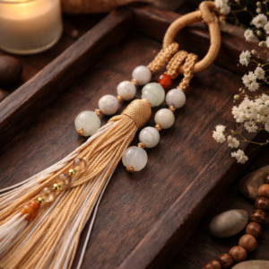 handwoven tassel pendant made with jade cord jadeite and red agate on dark background