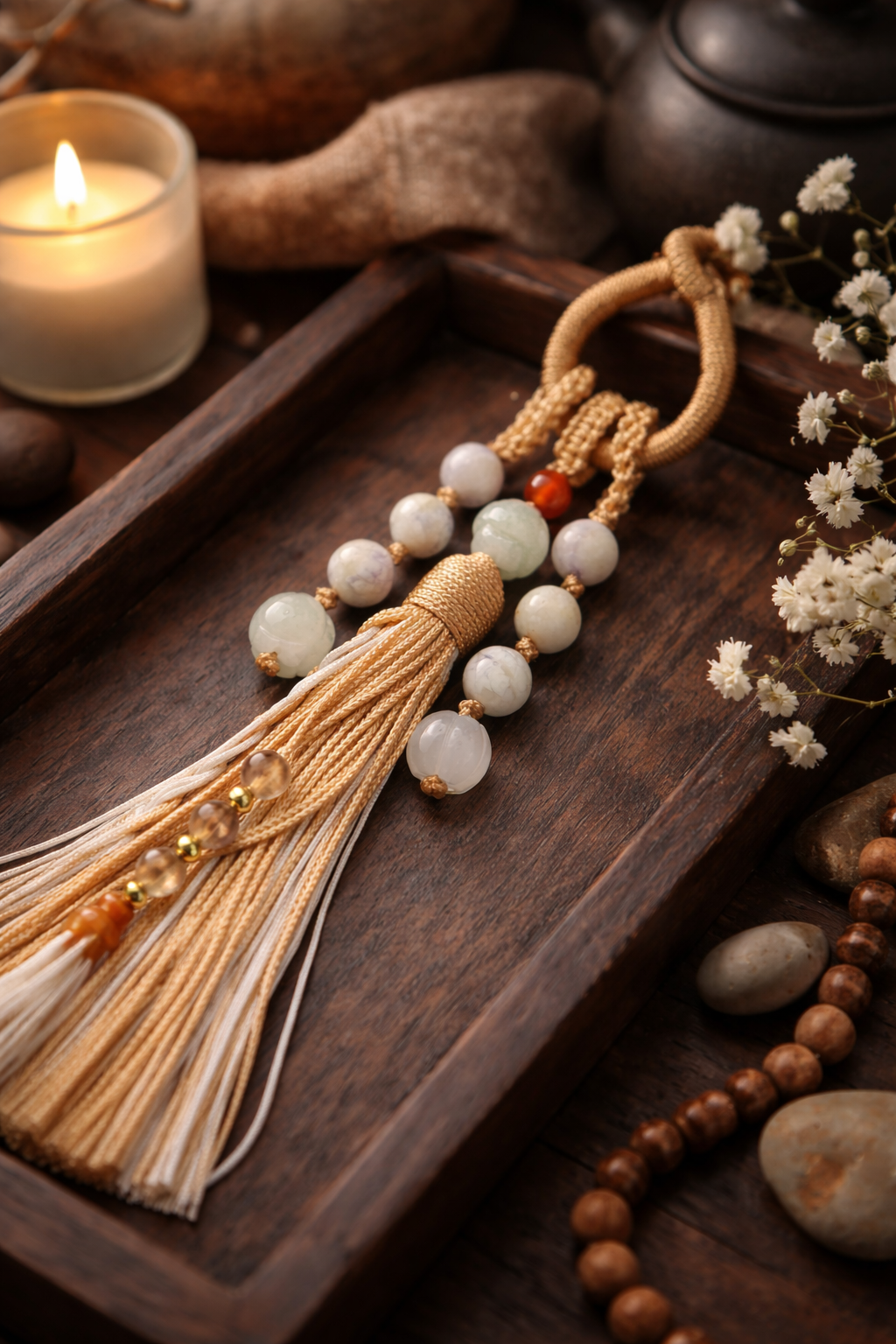 handwoven tassel pendant made with jade cord jadeite and red agate on dark background
