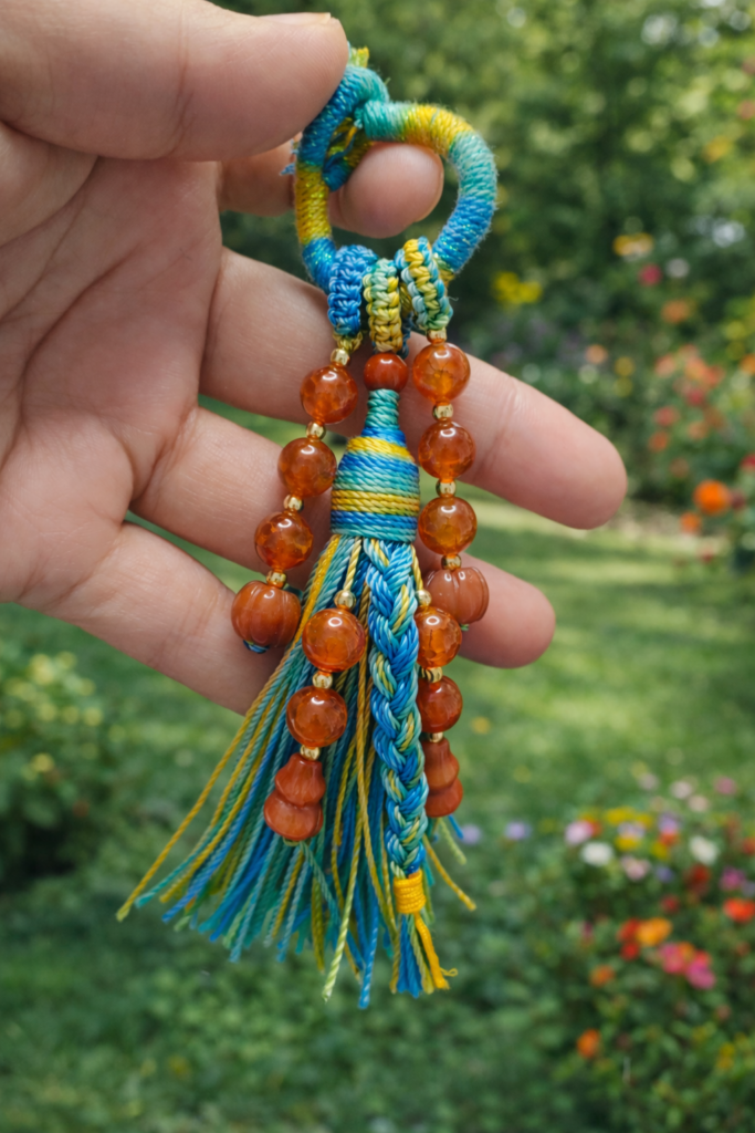 handwoven tassel strands showing controlled movement and color contrast