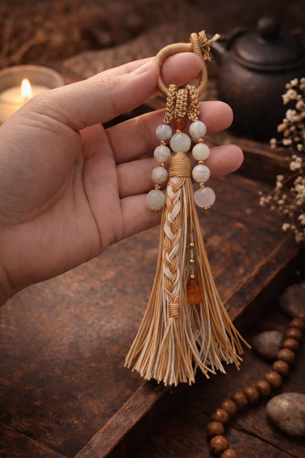 natural red agate bead detail on handwoven tassel pendant