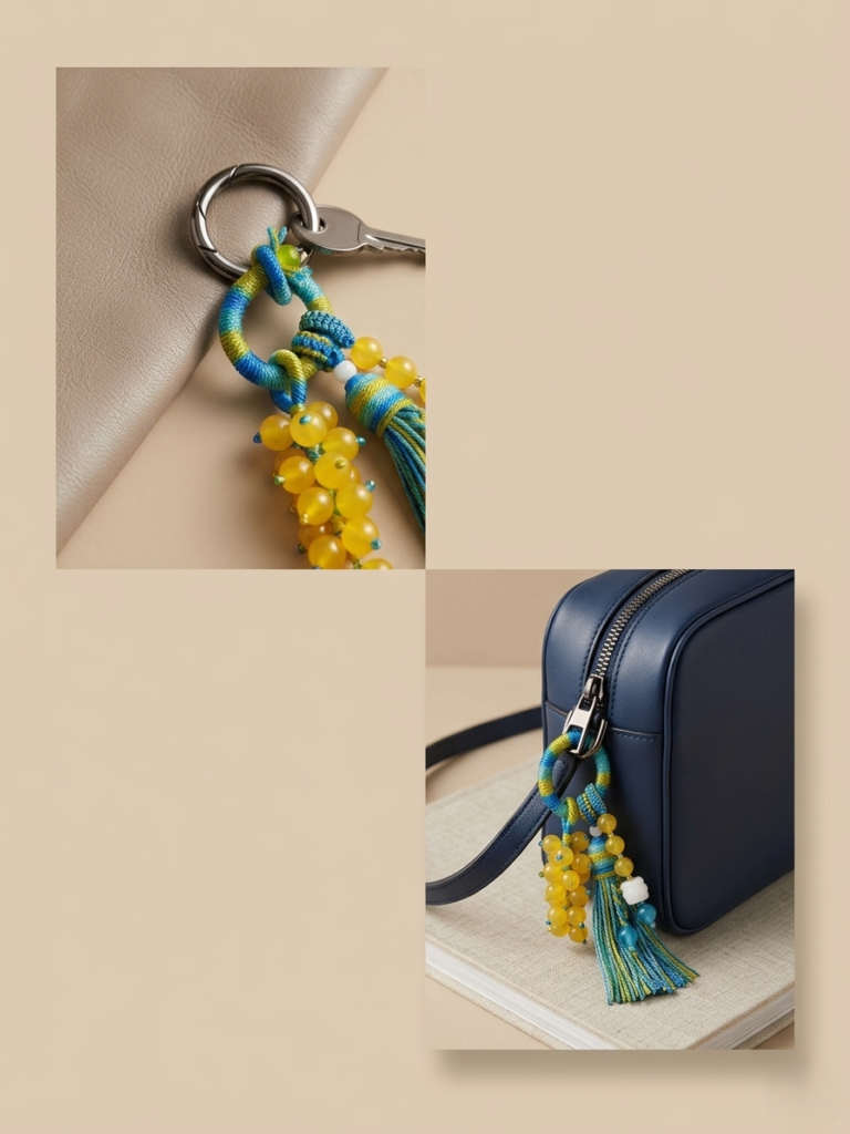 Blue and Green Coiling Loop with Honey Yellow Weighted Tassel