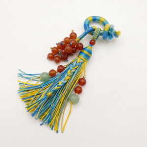 Chinese Knot Tassel Pendant with Natural Tiger's Eye Stone - positive energy healing crystal for purse or home decor.