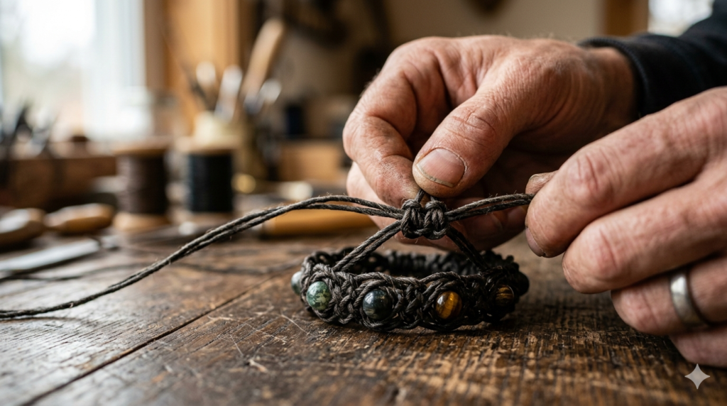 Detailed view of artisan hand-knotted jewelry in progress