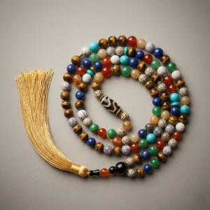 PICKLNN 108 Multi-Gemstone Wrap featuring Lapis Lazuli, Obsidian, and Golden Tassel.