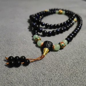 PICKLNN 108 Obsidian bead meditation wrap with green chrysoprase and hand-knotted tassel.
