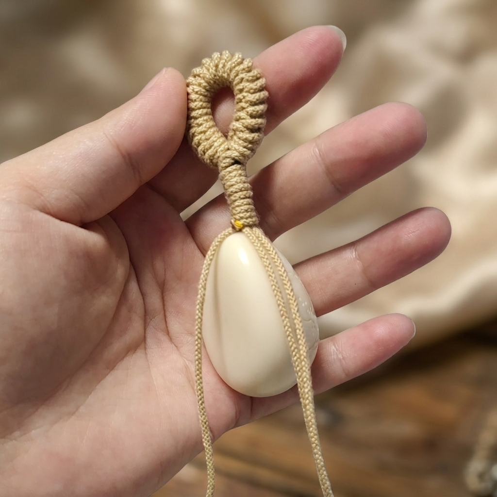 Natural vegetable ivory worry stone and silent fidget toy for adults, featuring a hand-braided texture loop for sensory stress relief.