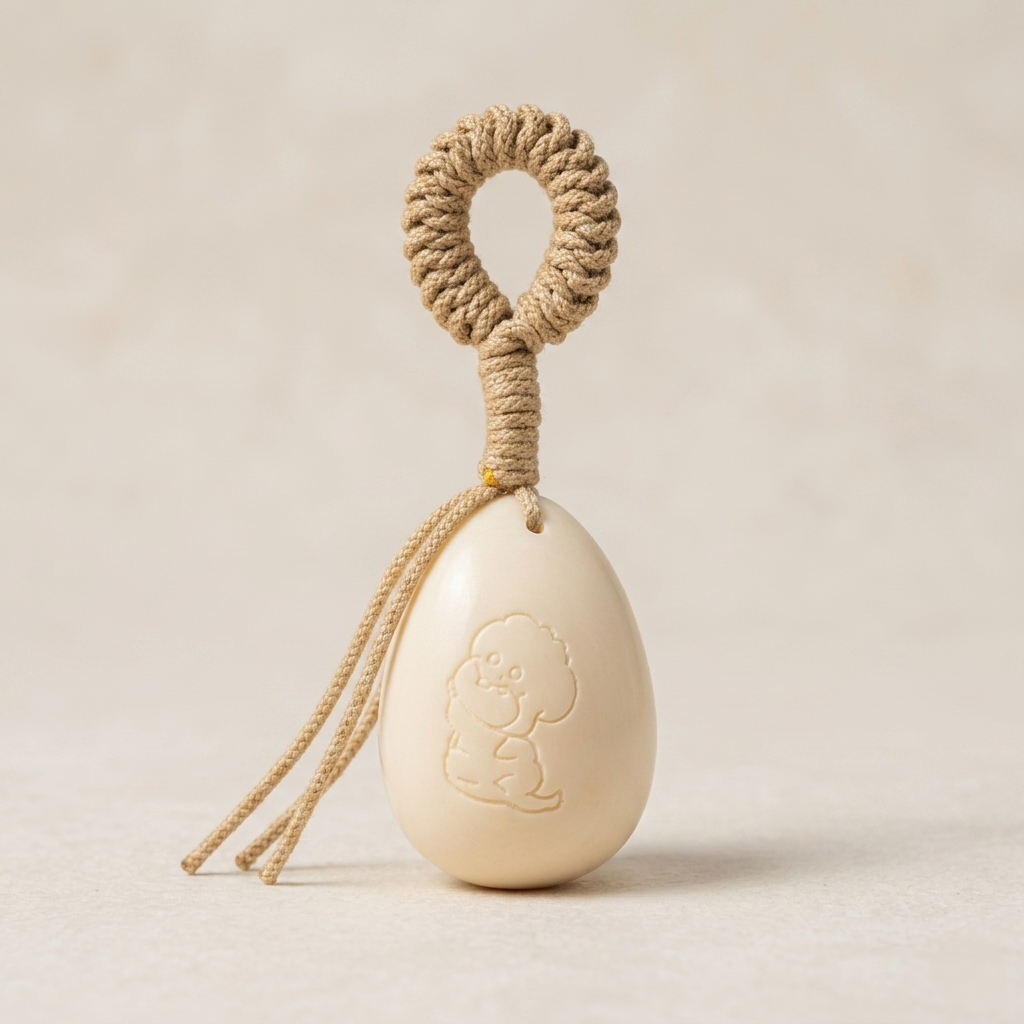 Handheld ivory nut fidget charm in an irregular egg shape with a premium beige hand-knotted loop cord, shown as a pocket anxiety relief item.