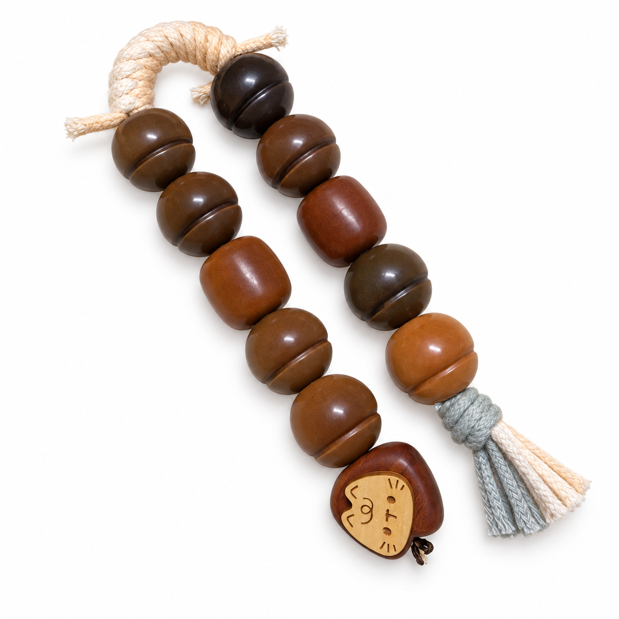 21mm Natural Bodhi Handheld Fidget – Natural Bead Worry Beads 1 21mm natural Bodhi handheld fidget with cream and gray tassels