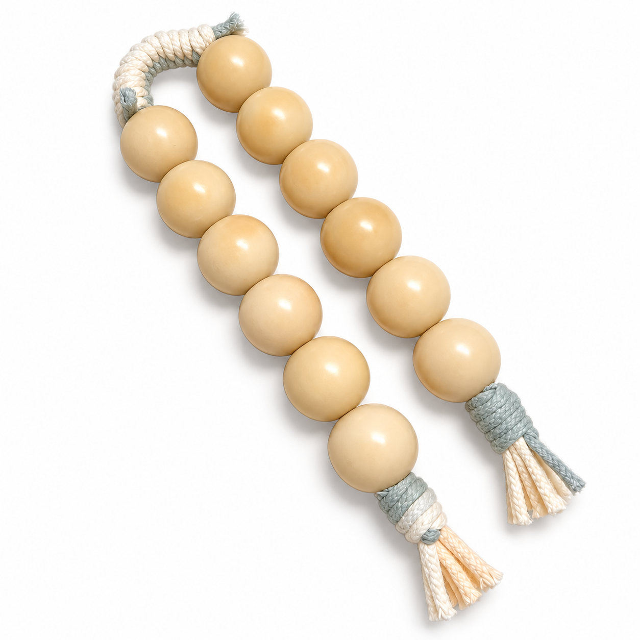 20mm Natural Bodhi Handheld Fidget – Natural Bead Worry Beads 1 20mm natural Bodhi handheld fidget with cream and gray tassels