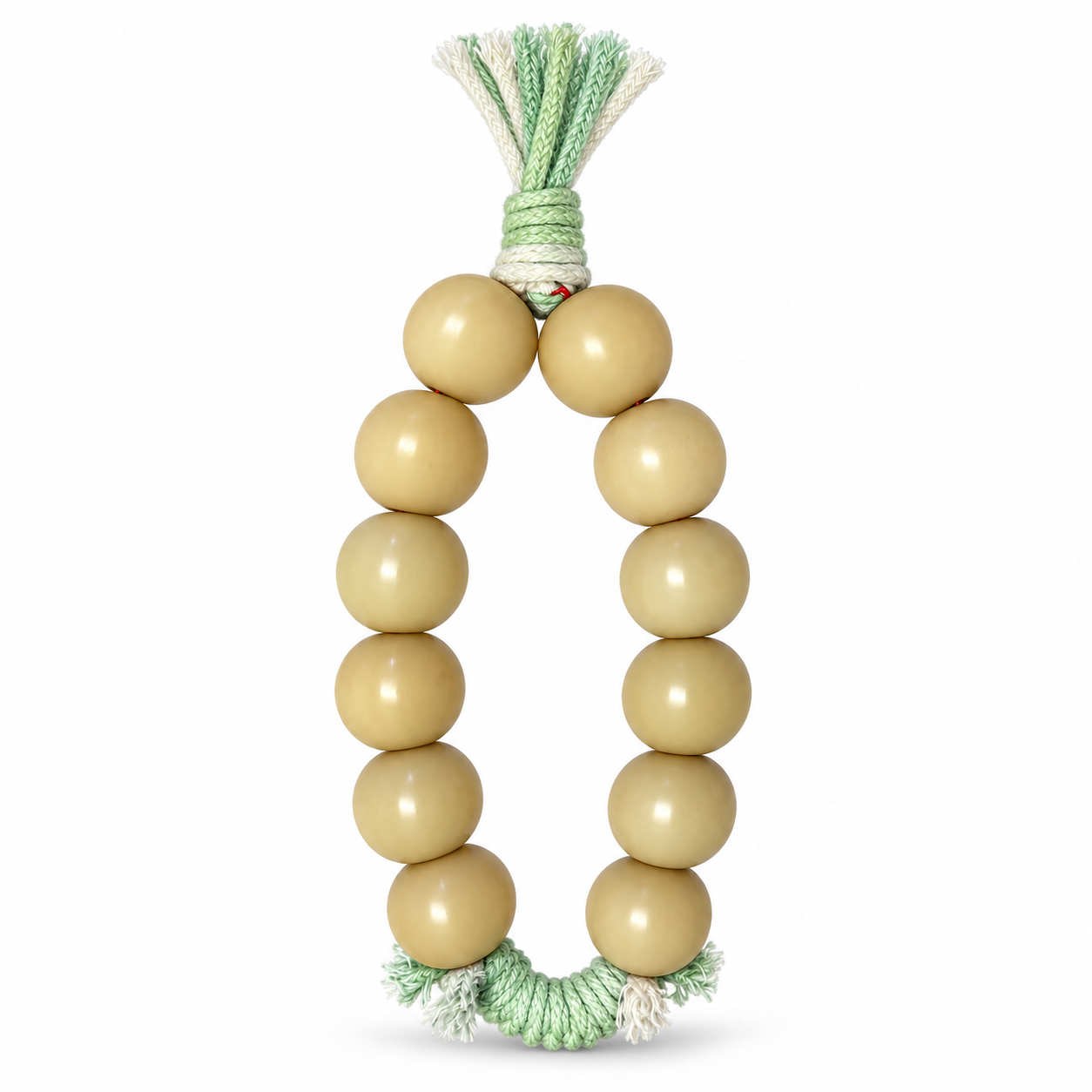 21mm Natural Bodhi Handheld Fidget – Natural Bead Worry Beads 1 21mm natural Bodhi handheld fidget with green and white tassels