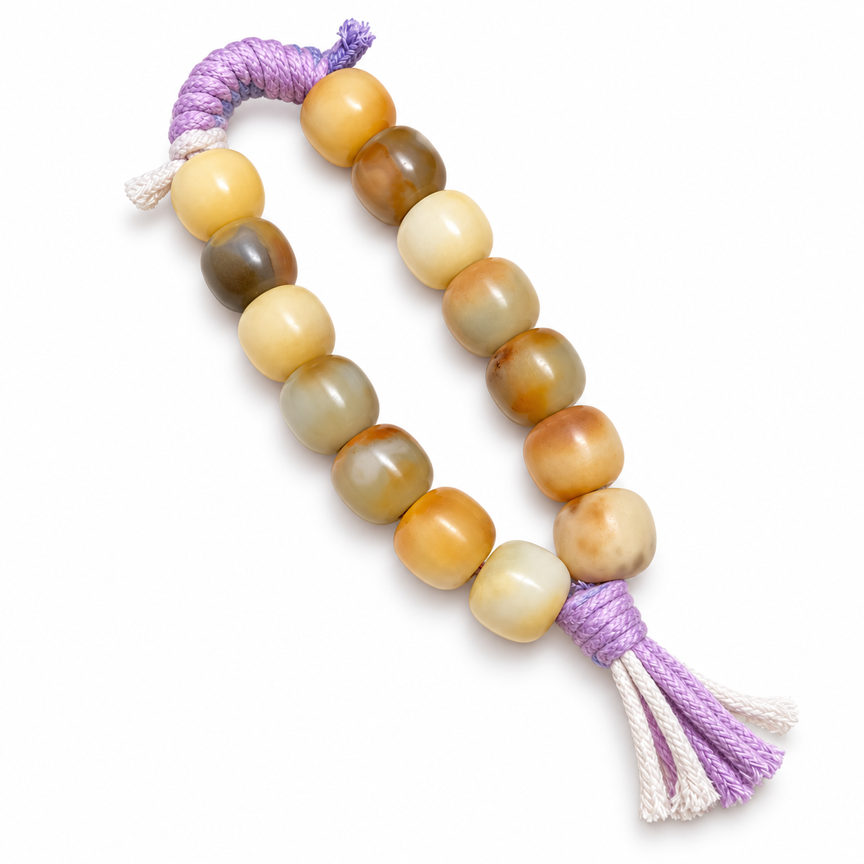 18mm Natural Bodhi Handheld Fidget – purple and cream tassels 1 18mm natural Bodhi handheld fidget beads purple cream